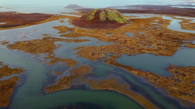 Iconic Pingo Landmark Near Tuktoyaktuk, Northwest Territories, Canada - Drone Shot