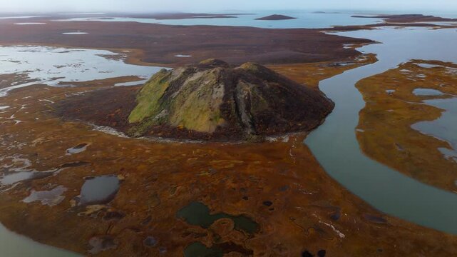 Aerial View Of Pingo Formation Near Tuktoyaktuk In Northwest Territories, Canada - Drone Shot