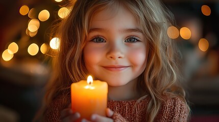 cheerful small girl standing indoors at christmas holding candle