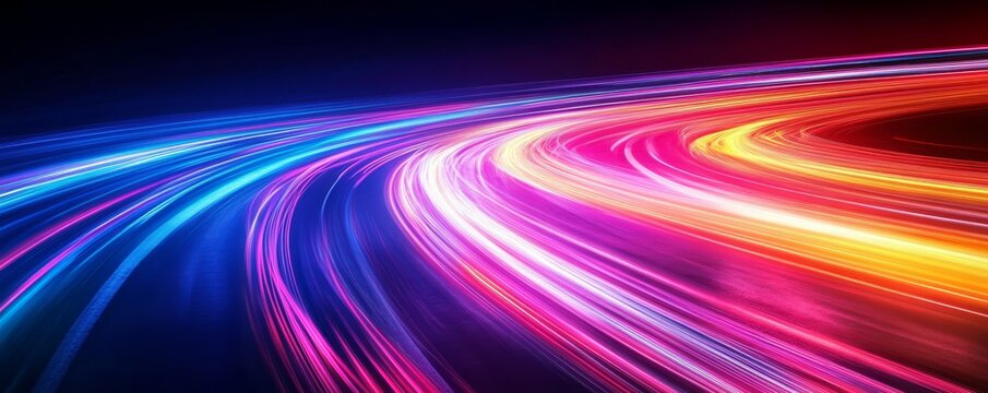 Abstract light trails speeding around a corner on black background