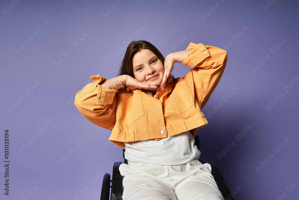 Wall mural a young woman in a wheelchair poses in a studio with a purple background, wearing casual attire.