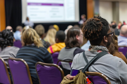 A STEM conference with diverse professionals presenting groundbreaking research in various scientific fields.