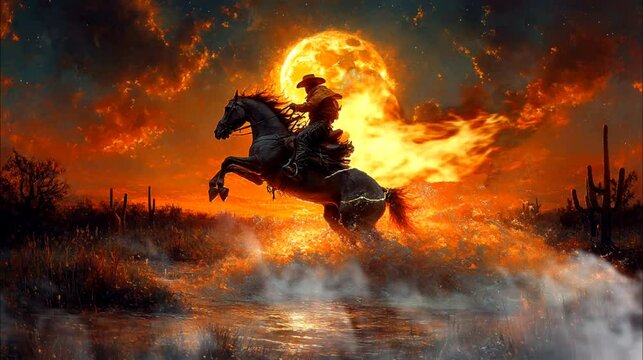 Cowboy Riding Through Fiery Landscape at Sunset. Seamless loop video background