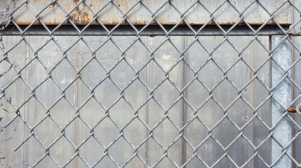 A close-up view of a gray metal chain-link fence with a textured background, showcasing industrial design and weathered details.