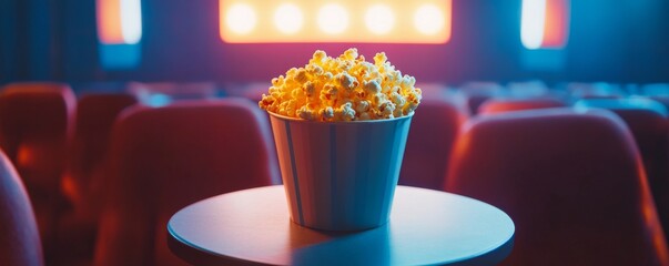 Bucket of popcorn sitting on table in empty cinema auditorium