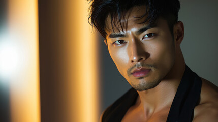 Close-up Portrait of Handsome Asian Man with Intense Gaze