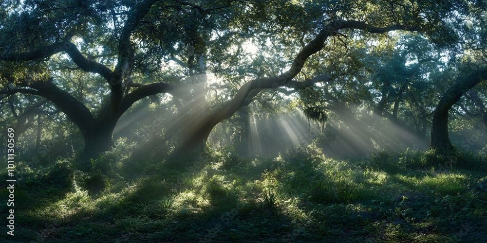 Wall mural sunbeams filtering through a dense forest canopy creating a mystical atmosphere.