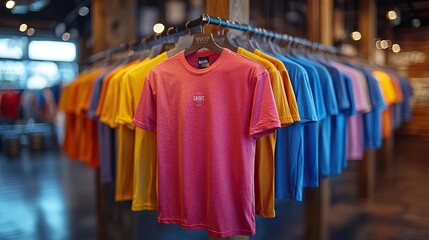 Naklejka premium colorful custom printed t shirts on hangers showcasing dye sublimation printing technique
