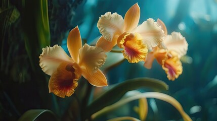 Stunning Close-Up of Vibrant Orchids in Bloom with Soft Sunlight in a Lush Tropical Garden Setting