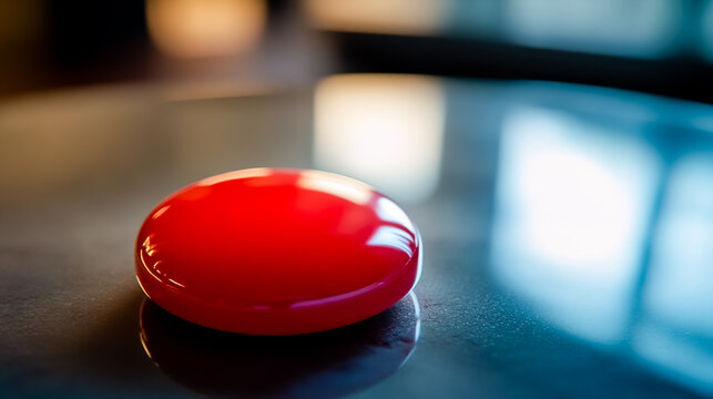 A red button is sitting on a blue surface. - Powered by Adobe