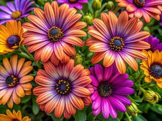 Fototapeta premium Vibrant African daisies showcase breathtaking purple and orange hues, creating a stunning floral backdrop that