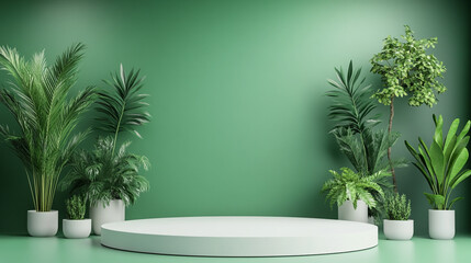 Obraz premium Green Monday celebration with lush plants and a minimalist stage setting in a bright room