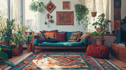 A cozy living room filled with plants, colorful decor, and a vintage rug, creating a vibrant and inviting atmosphere.