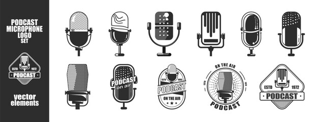 Microphone vector icon set isolated on transparent background. Podcast or Radio Logo design. Voice vector icon, record