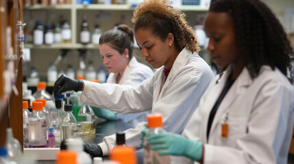 A university lab filled with diverse students and professors engaging in research in STEM disciplines.