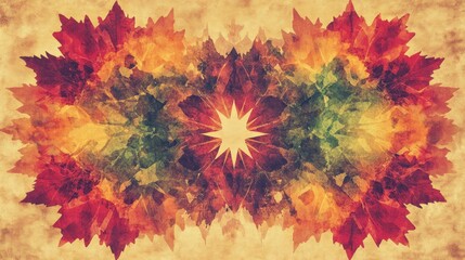 A vibrant, abstract design featuring colorful autumn leaves radiating from a central point.