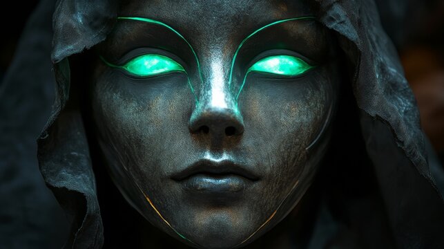 Mysterious figure wearing a hood with glowing green eyes