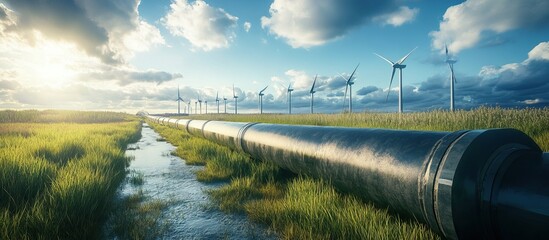 Wind Turbine Field With Pipeline