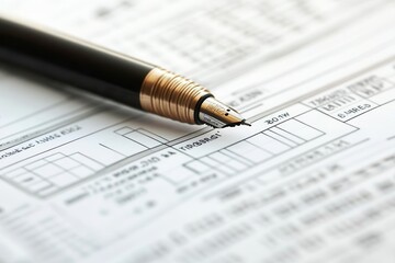 Close-up view of a pen resting on a detailed document, illustrating the importance of paperwork and precision in business processes.