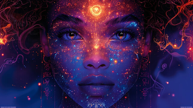 Cosmic woman with glowing third eye
