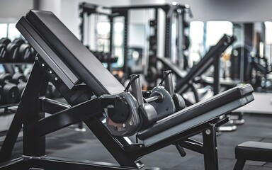 Fototapeta premium A weight bench in a modern gym with dumbbells in the background.
