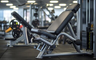 Fototapeta premium A black leather weight bench in a modern gym with a shoe resting on the footrest.