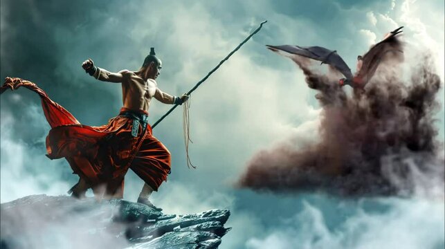 Warrior Confronting Dragon in Sky Battle. Seamless loop video background