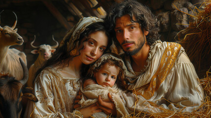 Mary and Joseph with baby Jesus take refuge in an old barn