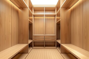 Spacious wooden closet interior with organized shelving and drawers