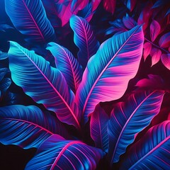 Fototapeta premium Vibrant Spectrum of Nature. A close-up of monstera leaves with a vivid, neon color treatment ranging from deep blues to purples and pinks. 