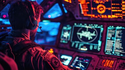 Fototapeta premium A focused pilot navigating a high-tech cockpit filled with vibrant screens and controls, showcasing advanced aviation technology.
