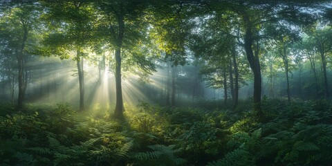Obraz premium Sunbeams pierce through the dense fog and tall trees of a lush green forest.