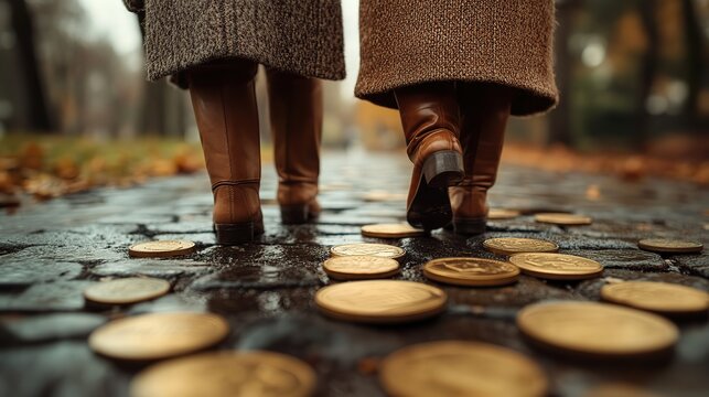 elderly couple walking on large coins symbolizing pension funds ,financial security in retirement