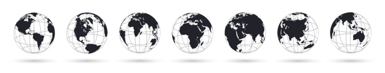 Earth globe icon set. World map in globe shape. Earth globes collection on transparent background