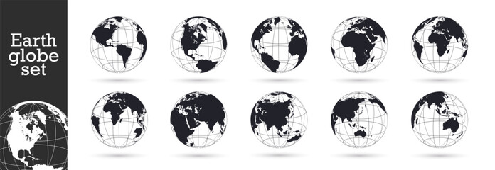 Set of transparent globes of Earth. Global map. Map symbol. Realistic world map in globe shape with transparent texture and shadow