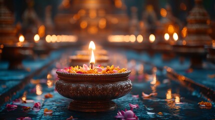 Burning candle with flower petals floating on water in temple offering ceremony