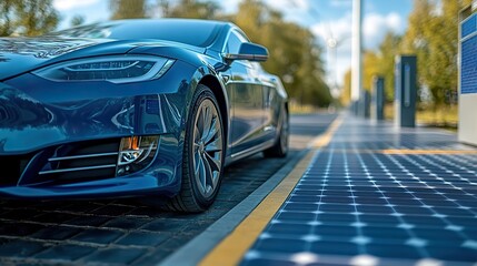 electric car charging at station with solar panels ,wind turbines in the background symbolizing renewable energy ,sustainable transportation