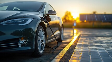 electric car charging at station with solar panels in the background symbolizing renewable energy ,sustainable transportation
