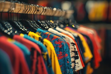 Fototapeta premium Colorful t-shirts on hangers in the store. Generative Ai