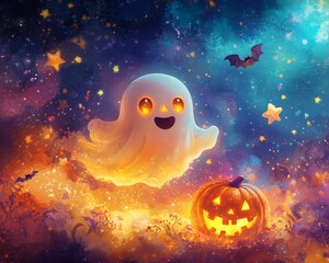 Friendly Ghost Floating Near Glowing Pumpkin at Night