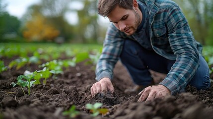 A farmer practicing biodynamic soil health monitoring and soil testing to optimize nutrient management and water conservation, soil testing scene, sustainable soil monitoring