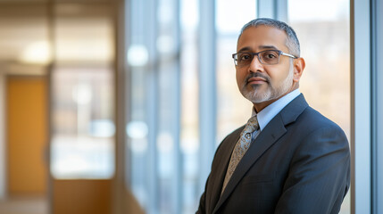 Fototapeta premium Confident CEO stands in front of modern office window, looking out with determined expression, symbolizing leadership and change.