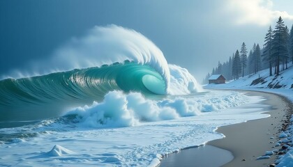 A peaceful winter landscape featuring a snow-covered bridge, snowy trees, icy mountains, and a frozen lake under a cloudy sky