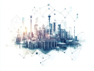 A network of smart sensors in a hightech factory within a futuristic cityscape, optimizing production efficiency, technology, smart industry, IoT