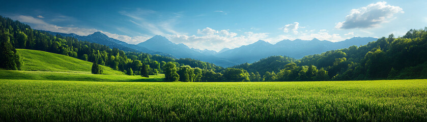 A beautiful, lush green field with a clear blue sky above. The sky is dotted with clouds, giving the scene a peaceful and serene atmosphere. The field is surrounded by mountains