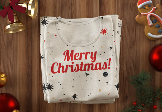 Folded Christmas T-shirt Stack Mockup