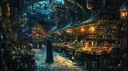 Obraz premium A magical market filled with mystical items, colorful lights, and enchanting artifacts, inviting exploration and discovery.
