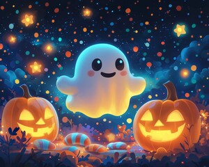 Playful Ghost with Pumpkins and Candy in Night Scene