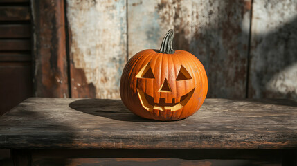 carved halloween pumpkin on rustic wooden table with weathered background for festive decoration
