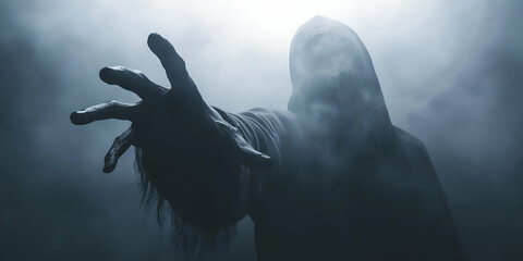 close-up of grim reaper reaching out into thick fog dark spooky halloween atmosphere with shadowy figure and eerie hand extended 